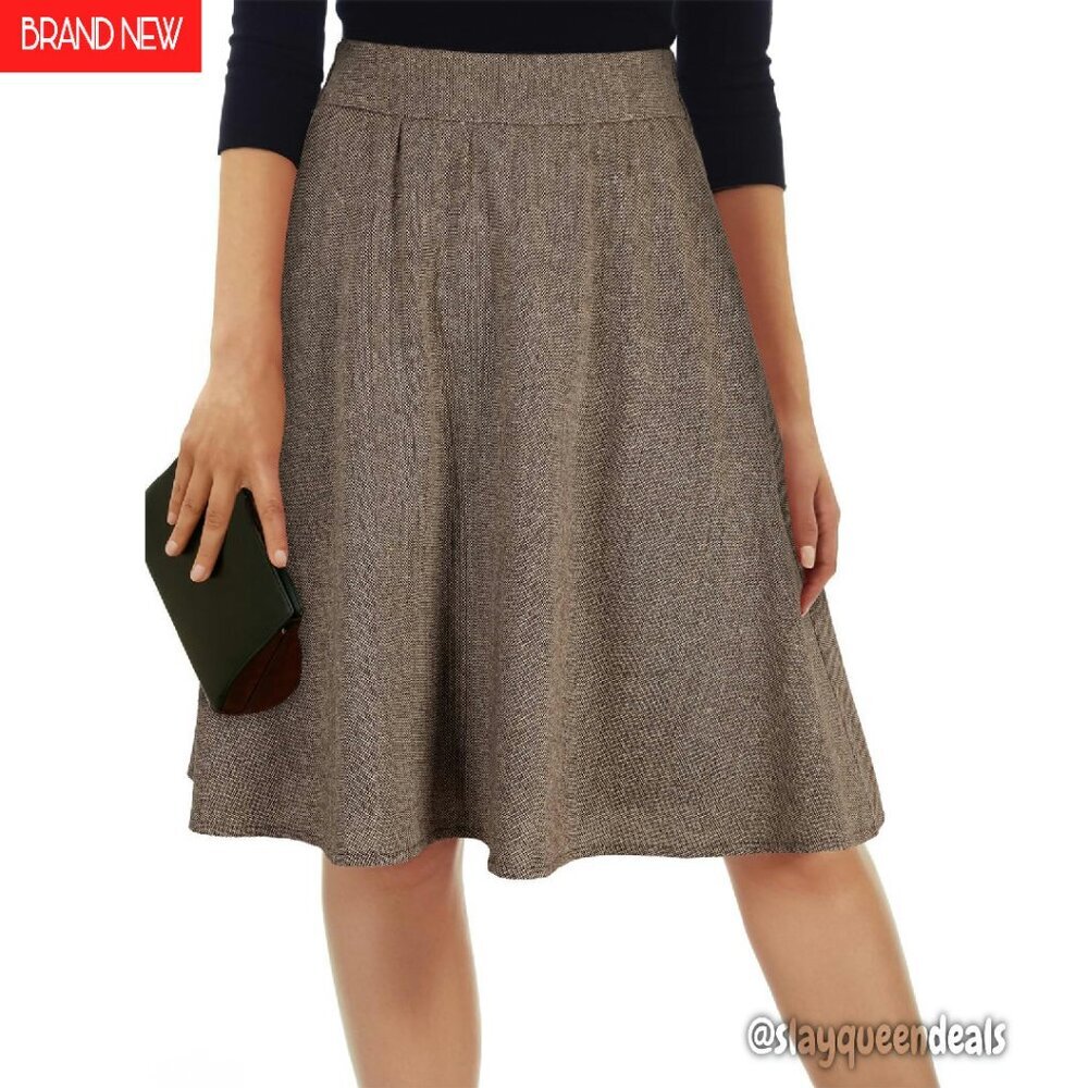 Tweed High Waisted Flared Skater Skirt A-Line Pleated Midi